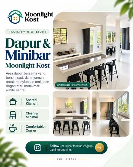 Desain promosi Moonlight Kost bertema dapur dan minibar