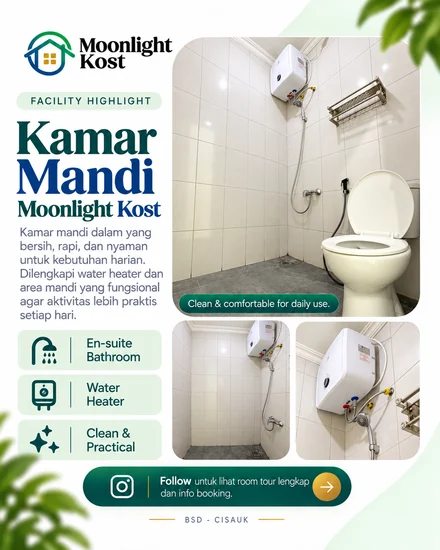 Desain promosi Moonlight Kost bertema kamar mandi dan fasilitas